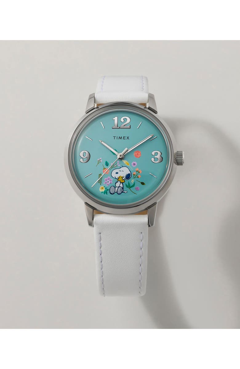 Timex<sup>®</sup> Peanuts<sup>®</sup> x Timex Marlin<sup>®</sup> Flower Dial 38mm Leather Strap Watch, Alternate, color, Blue/ Silver-Tone