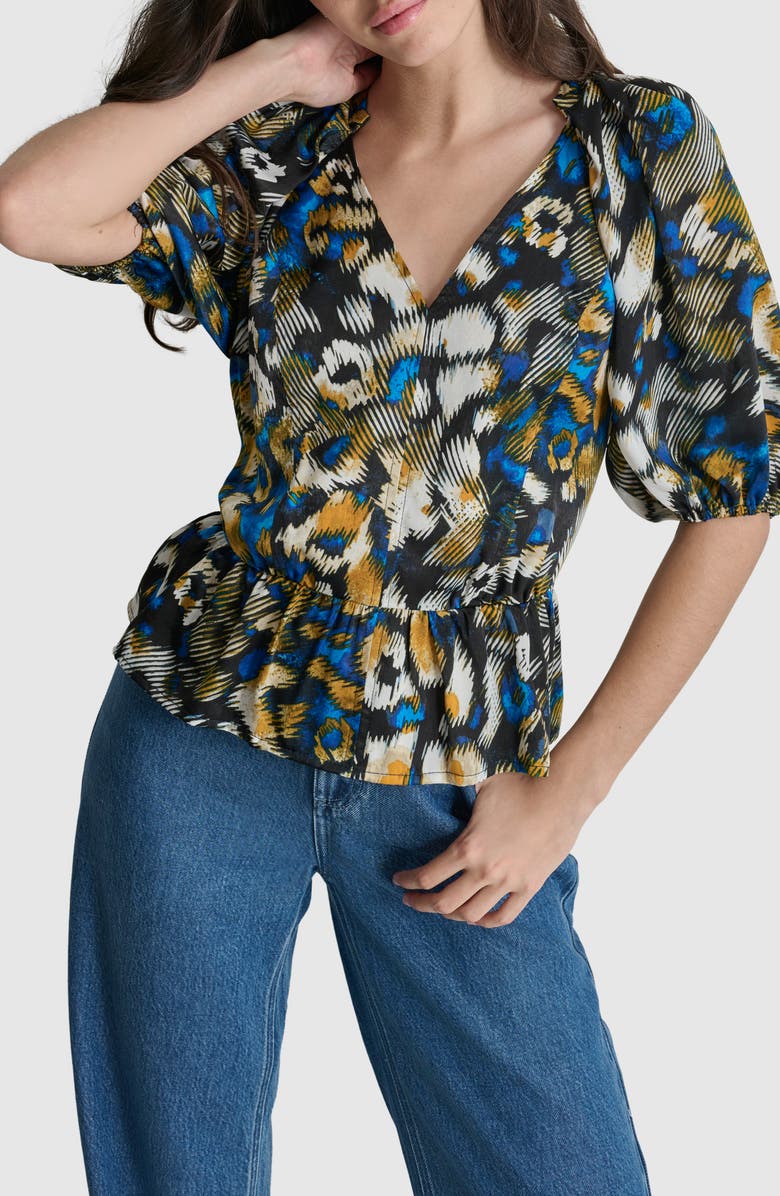 DKNY Abstract Print Peplum Top, Main, color, Brush Stroke Leopard