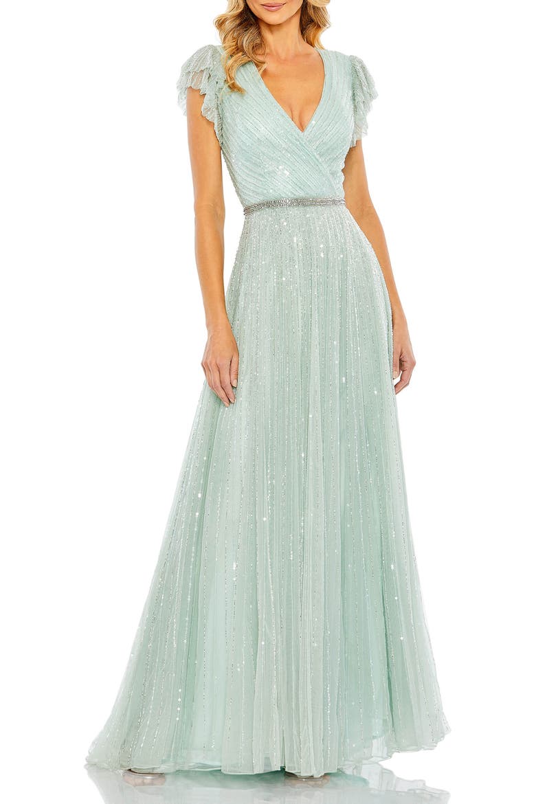 Ruffled Cap Sleeve Sequin Wrap Gown, Main, color, SEAMIST