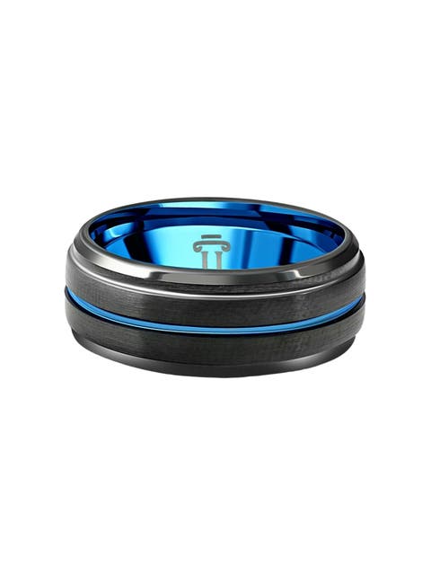 Men's Black & Blue Tungsten Ring Brushed Beveled Step Cut Wedding Band