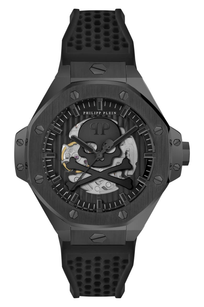 $keleton Royal Automatic Silicone Strap Watch, 46mm, Main, color, BLACK