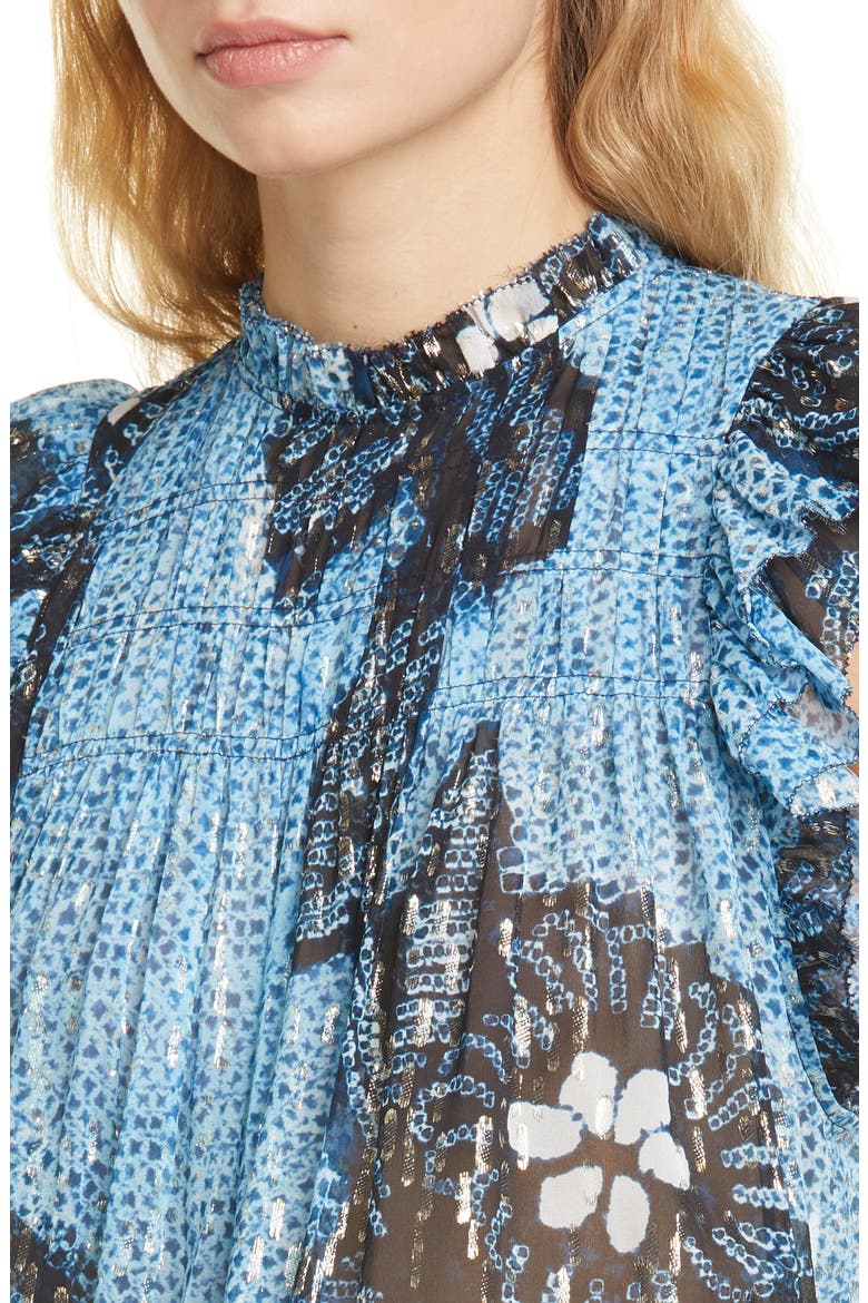 Aya Floral Metallic Flutter Sleeve Silk Blouse, Alternate, color, SKY