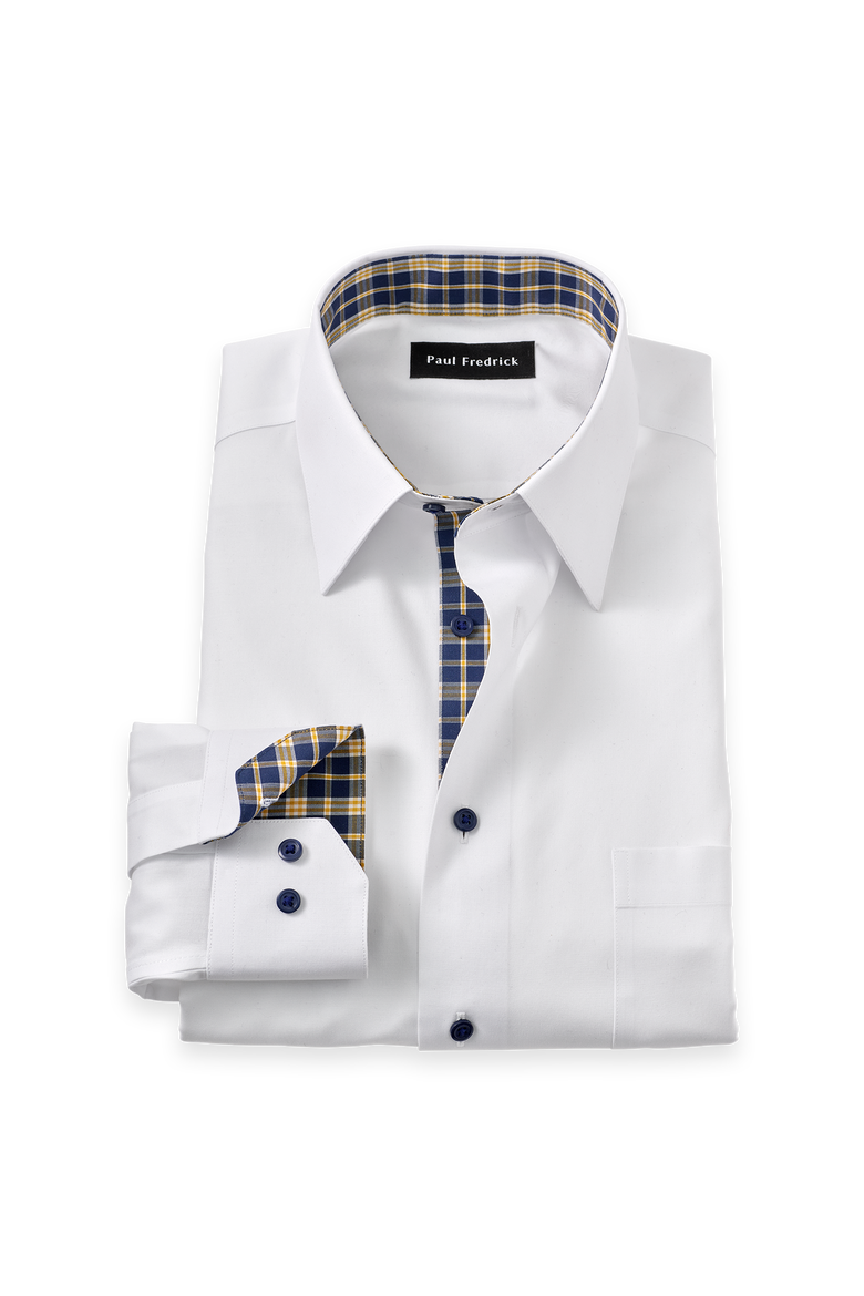 Cotton Spandex Point Collar Pinpoint Tailored Contrast Trim Button Cuff Long Sleeve Shirt, Main, color, White Multi
