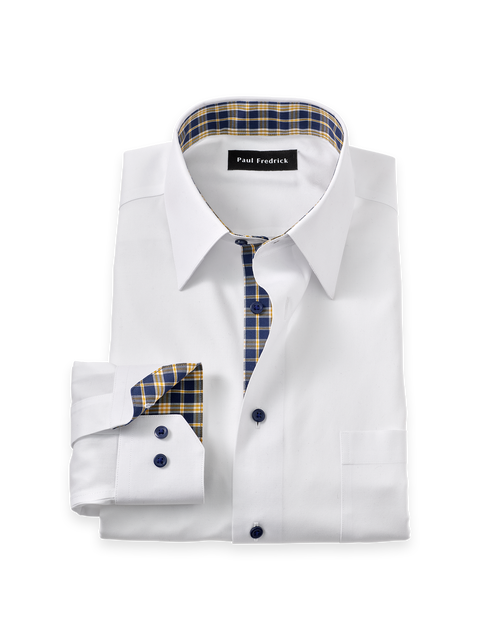 Cotton Spandex Point Collar Pinpoint Tailored Contrast Trim Button Cuff Long Sleeve Shirt