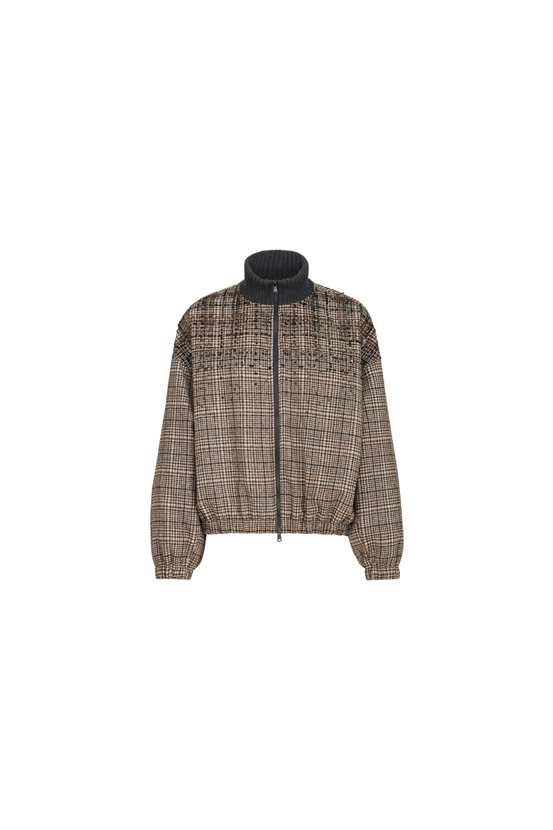 Checked alpaca and wool bomber jacket with dazzling degradé embroidery and Thermore® padding, Alternate, color, Brown