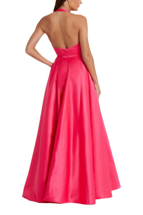 Mac Duggal Sleeveless Deep V Satin Gown With Oversized Bow In Hot Pink
