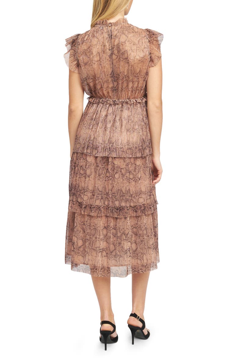 Metallic Snakeskin Print Tiered Ruffle Midi Dress, Alternate, color, ROSE GOLD