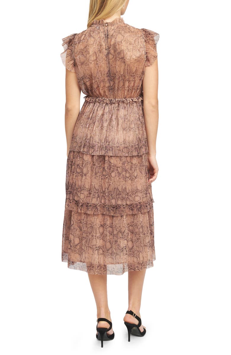 En Saison Metallic Snakeskin Print Tiered Ruffle Midi Dress, Alternate, color, 