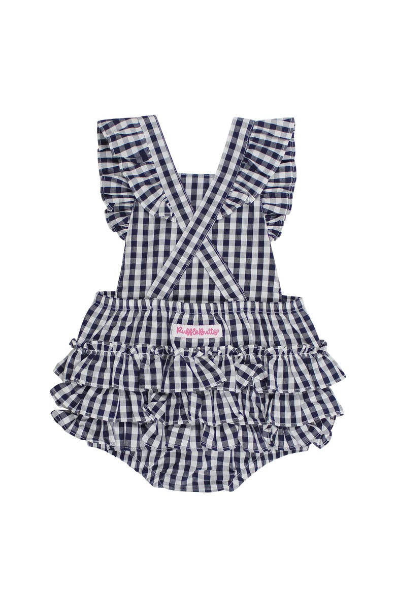 RuffleButts Flutter Overall Romper, Alternate, color, Classic Dark Navy Gingham