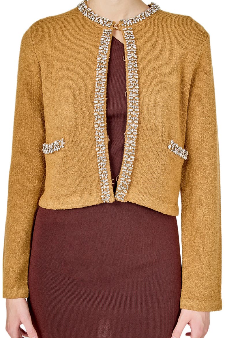 Bouclé Jewel Trim Cardigan, Alternate, color, MOCHA
