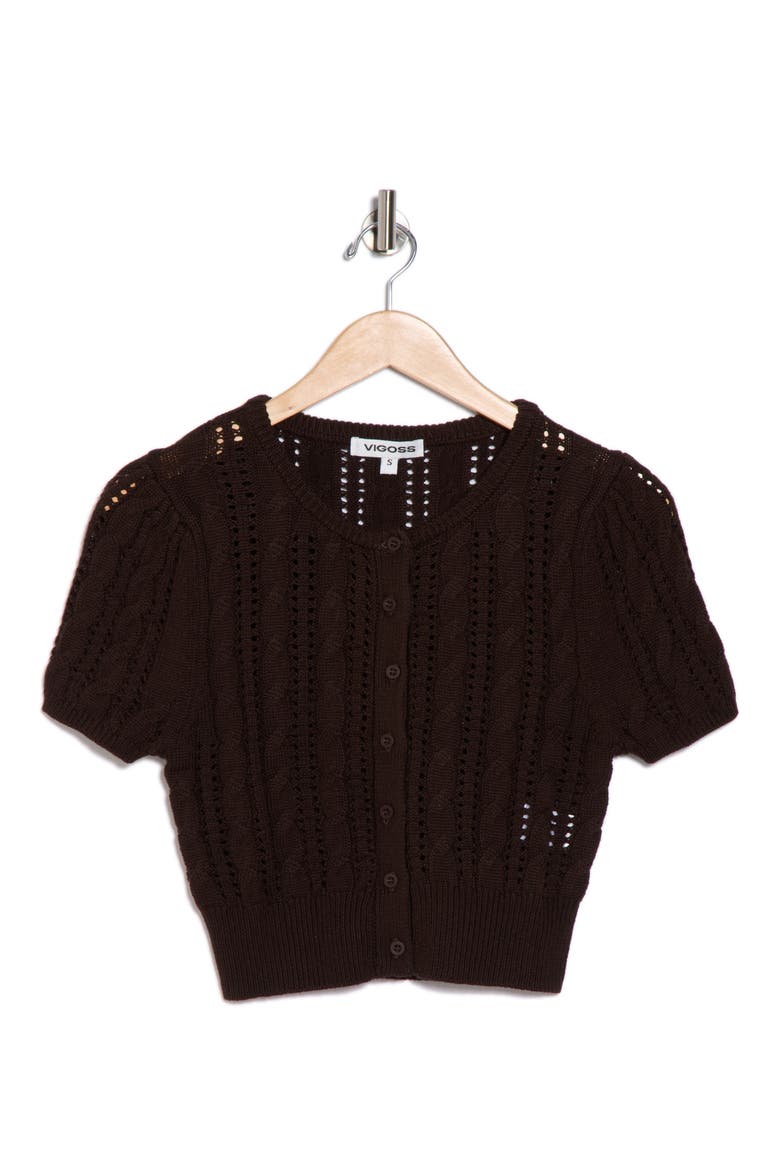 Crop Pointelle Short Sleeve Cardigan, Alternate, color, CHOCOLATE