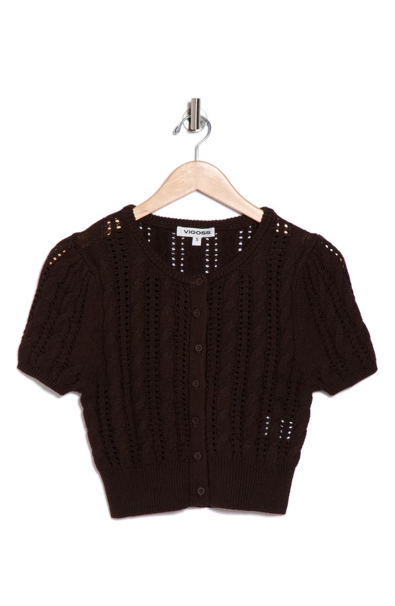 Vigoss Crop Pointelle Short Sleeve Cardigan, Alternate, color, Chocolate