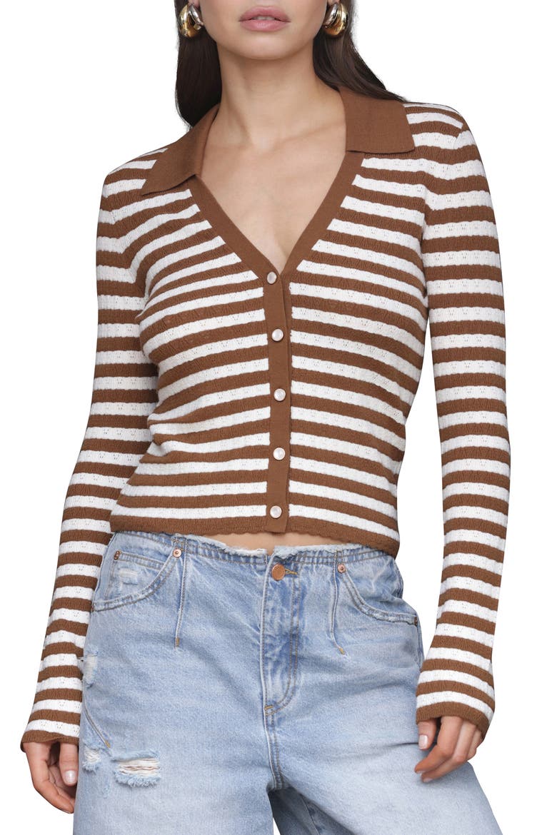 Striped Pointelle Polo Cardigan, Main, color, BROWN/ BEIGE