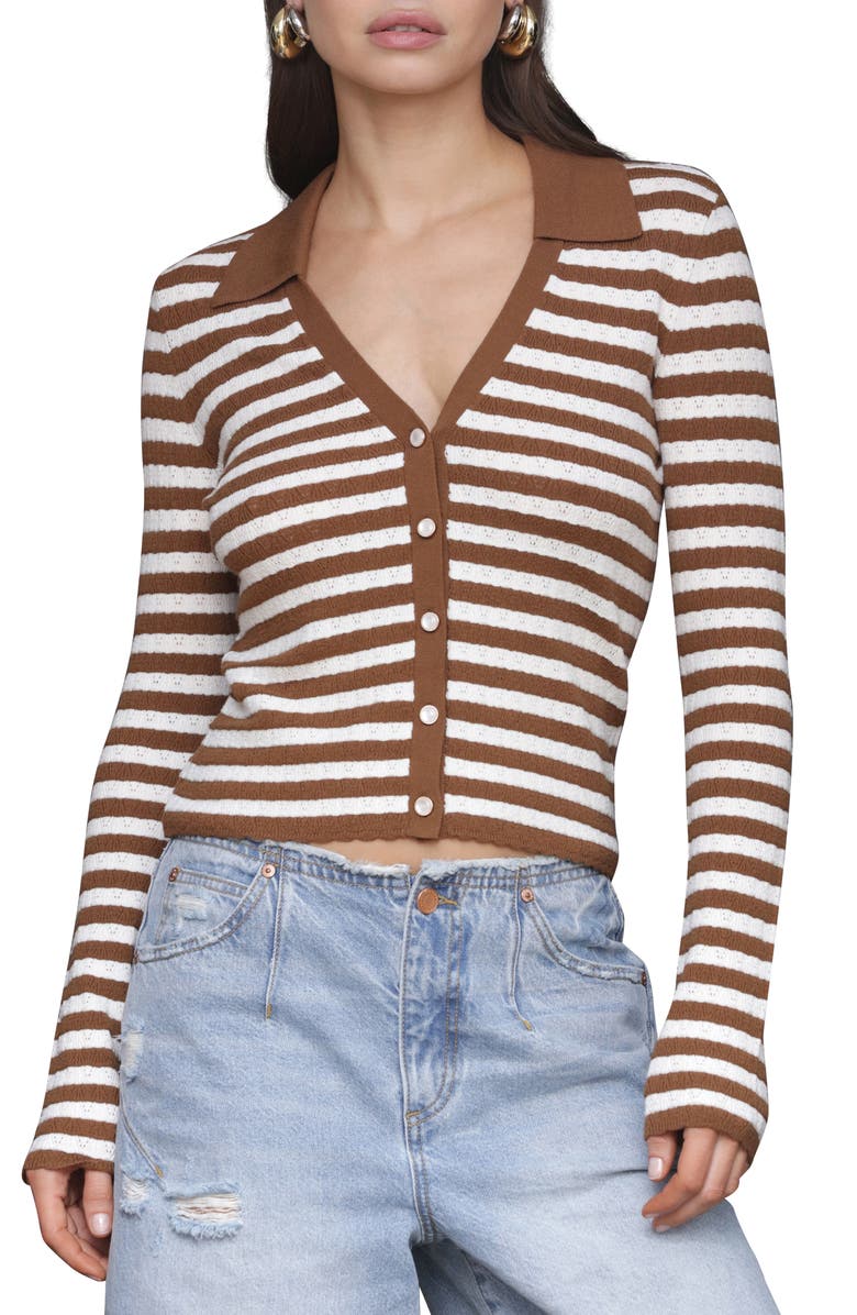 Avec Les Filles Striped Pointelle Polo Cardigan, Main, color, Brown/ Beige