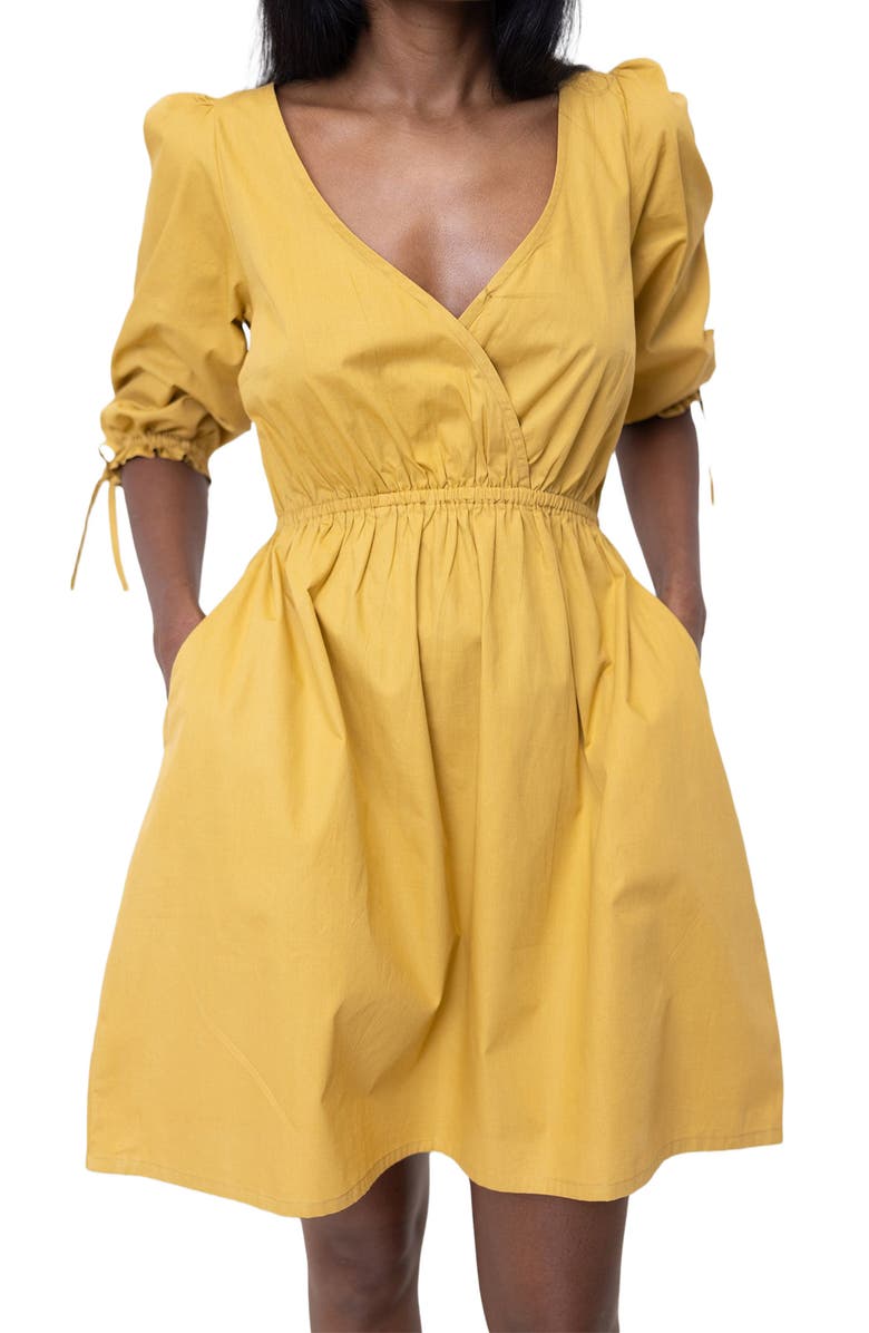 Reistor Gathered Elbow Sleeve Short Dress, Alternate, color, Mustard
