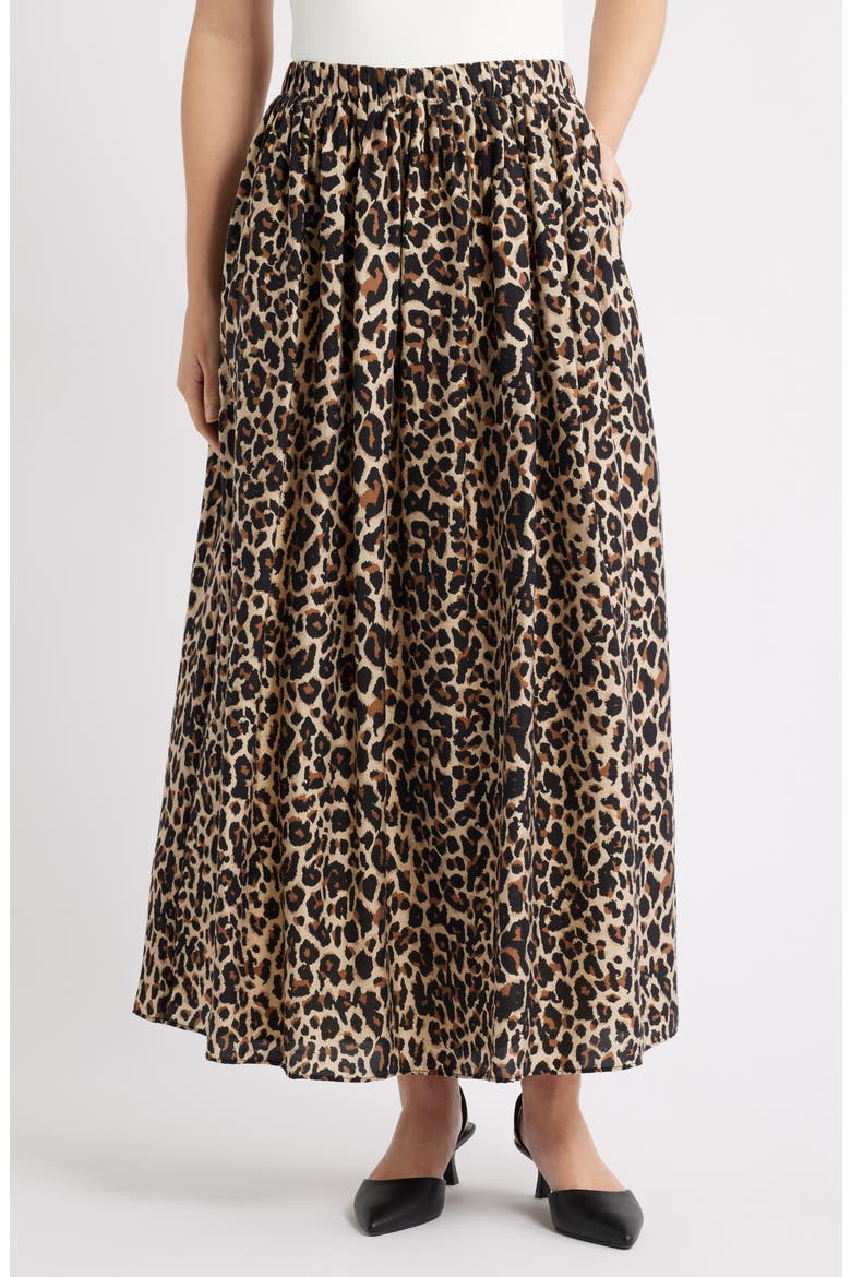 Print Pleated Maxi Skirt, Main, color, TAN- BLACK SARAH LEOPARD