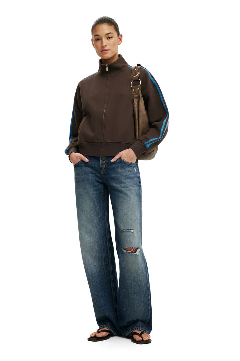 Women's Funnel Neck Fleece Zip Through, Alternate, color, Dark Oak Cobalt Taping