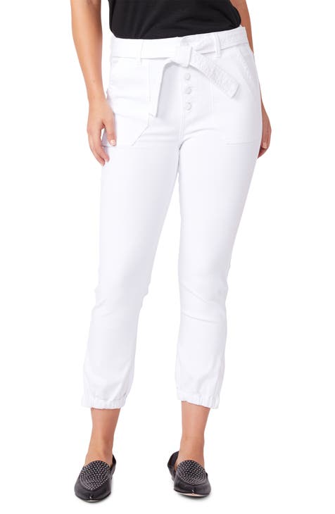 Mayslie High Waist Tie Belt Exposed Button Joggers (Crisp White)