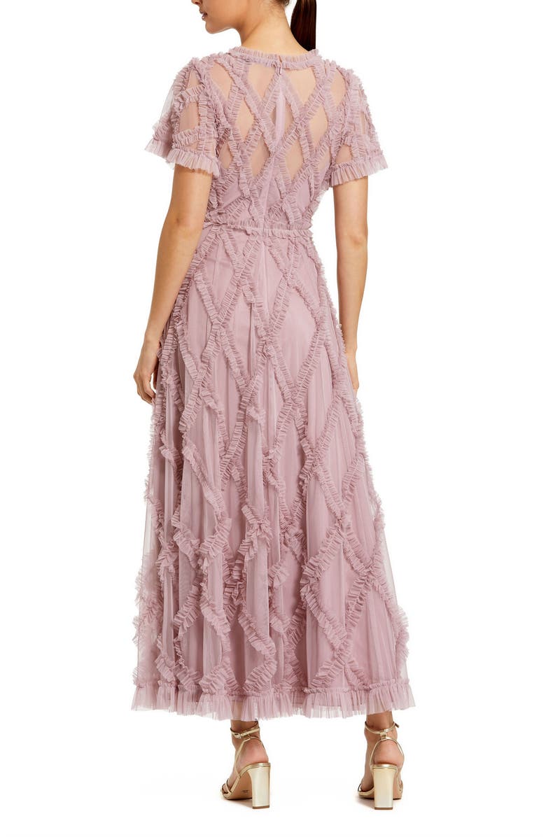 Mac Duggal High Neck Short Sleeve Ruffle Ankle Length Dress, Alternate, color, Heather