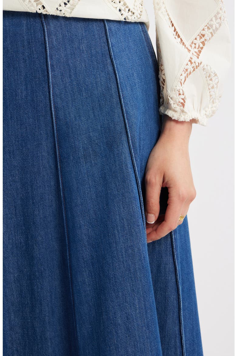 Seamed A-Line Denim Midi Skirt, Alternate, color, DARK WASH