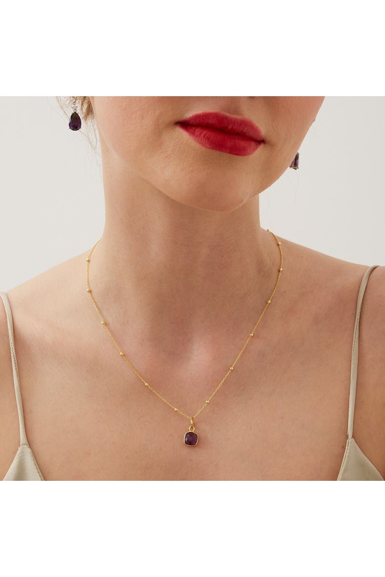 Amethyst Natural Square Pendant Necklace With Beaded Chain in Sterling Silver, Alternate, color, Gold
