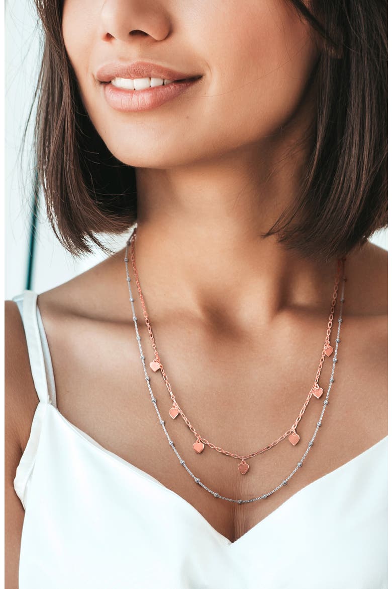Two-Tone Heart & Ball Bead Chain Necklace, Alternate, color, ROSE GOLD/ SILVER