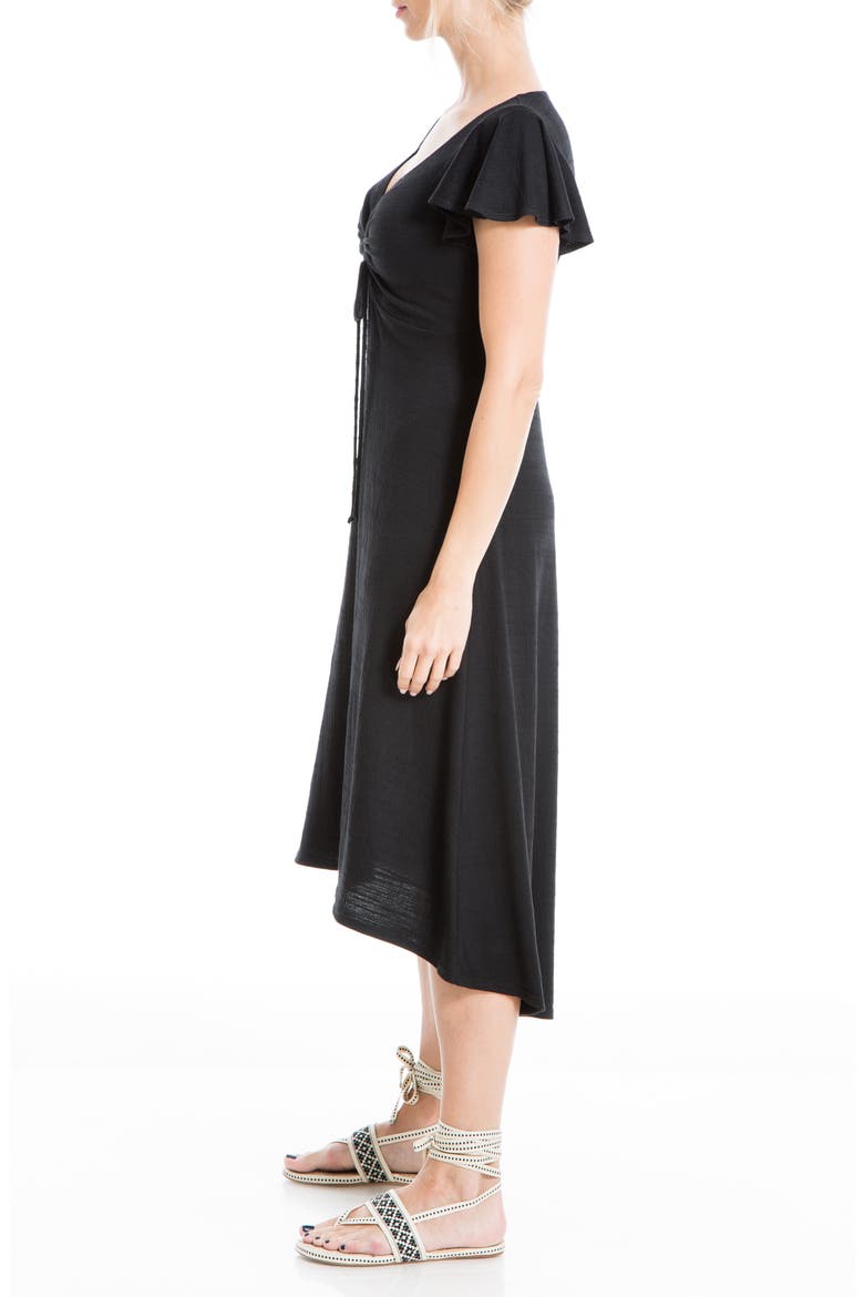 Cinched Front Flutter Sleeve Midi Dress, Alternate, color, BLACK