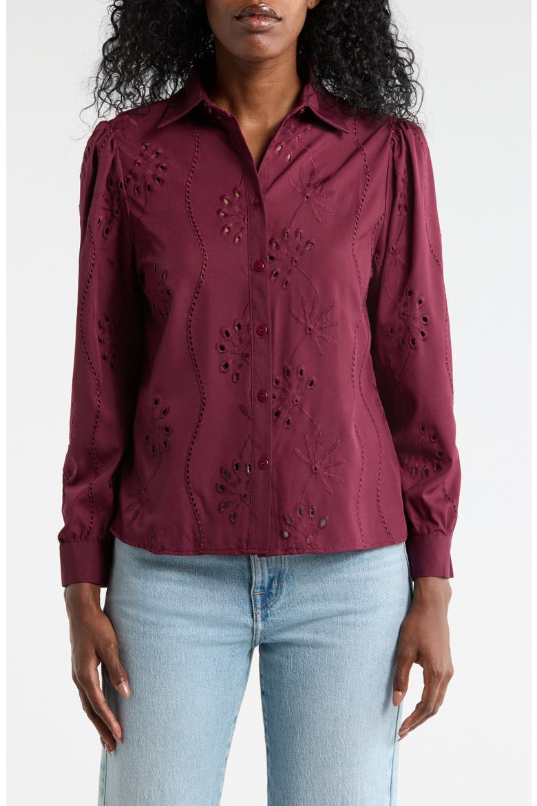 Eyelet Hidden Placket Top, Main, color, BURGUNDY