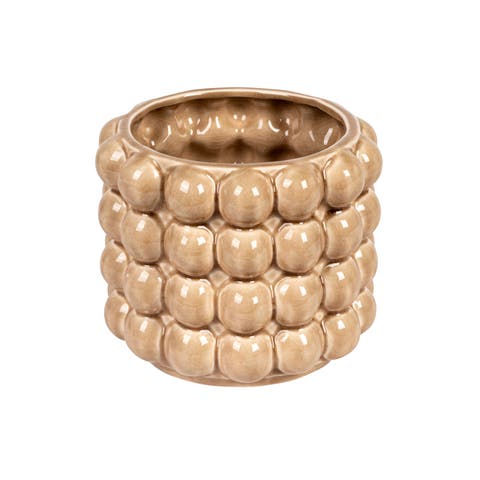Round Stoneware Planter with Raised Dots, Tan