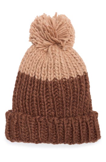 Vince Camuto Two-tone Pompom Beanie In Brown