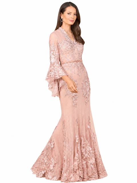 Lace, V Neck, Long Bell Sleeve Gown