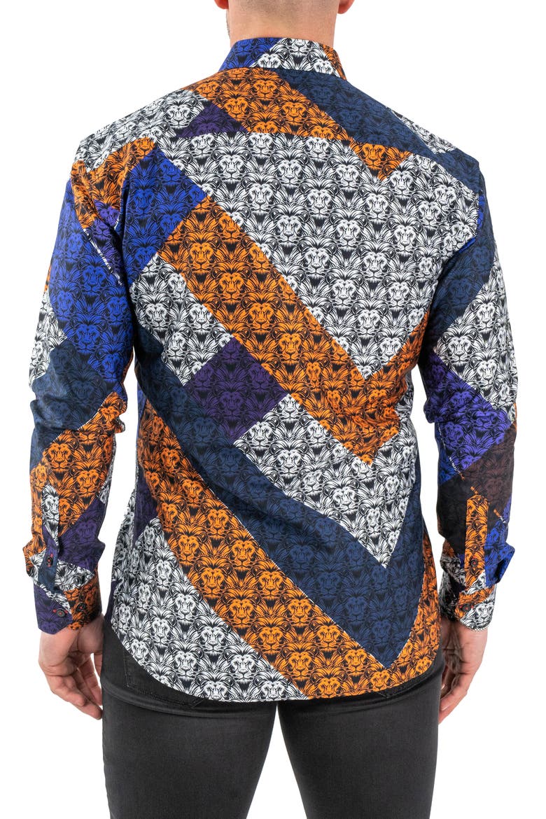 Fibonacci Lion Print Contemporary Fit Button-Up Shirt, Alternate, color, BLACK