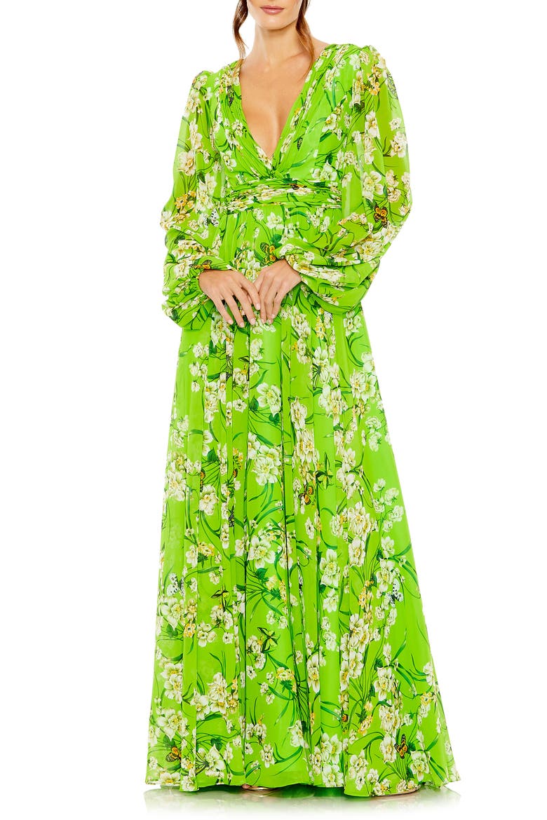 Puff Sleeve Floral Chiffon Gown, Main, color, GREEN MULTI