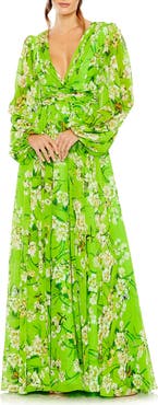 Ieena for Mac Duggal Puff Sleeve Floral Chiffon Gown