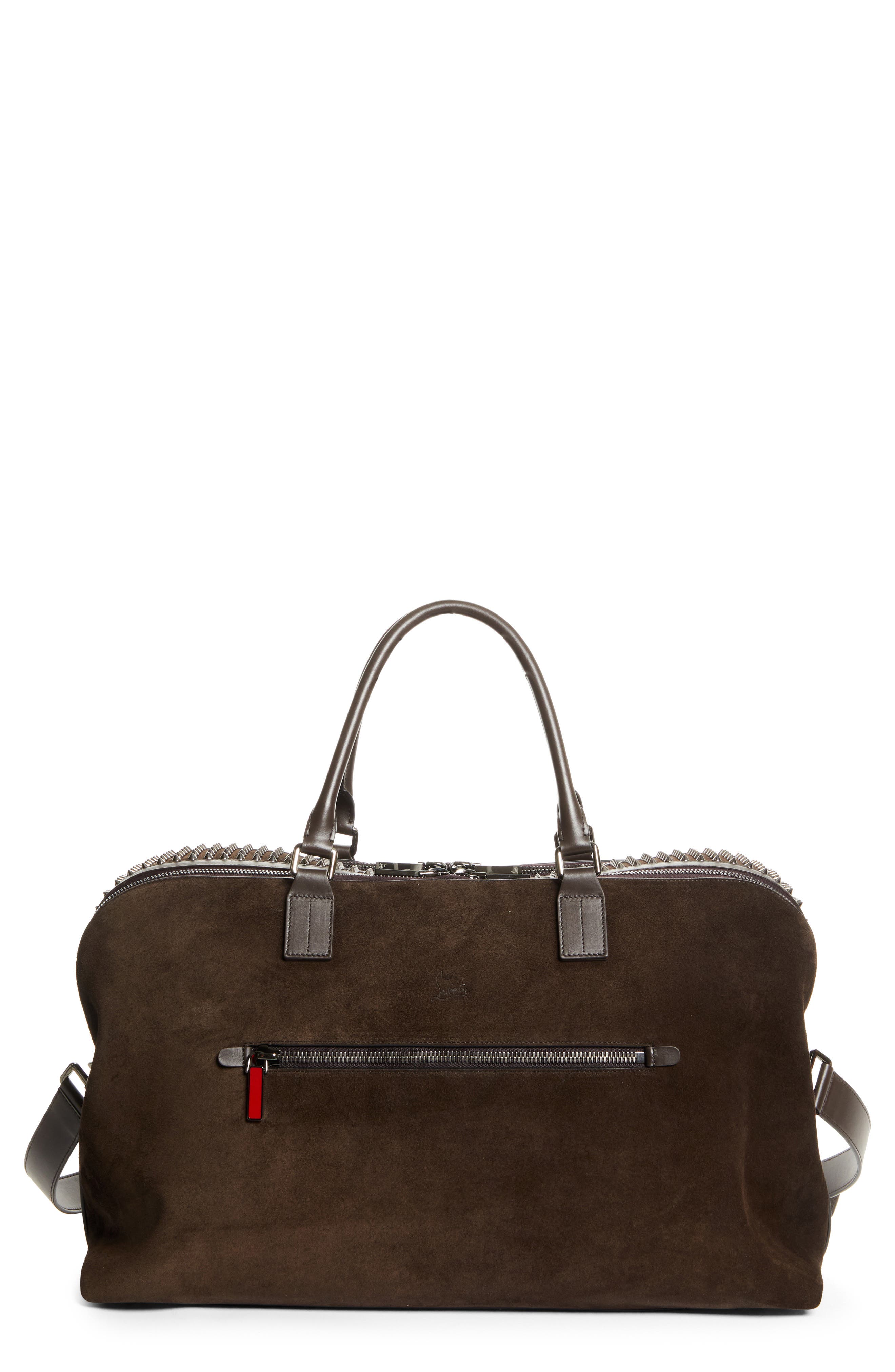 Christian Louboutin Funky Empire Spike Suede Weekend Bag, Main, color, Cafe/ Gun Metal
