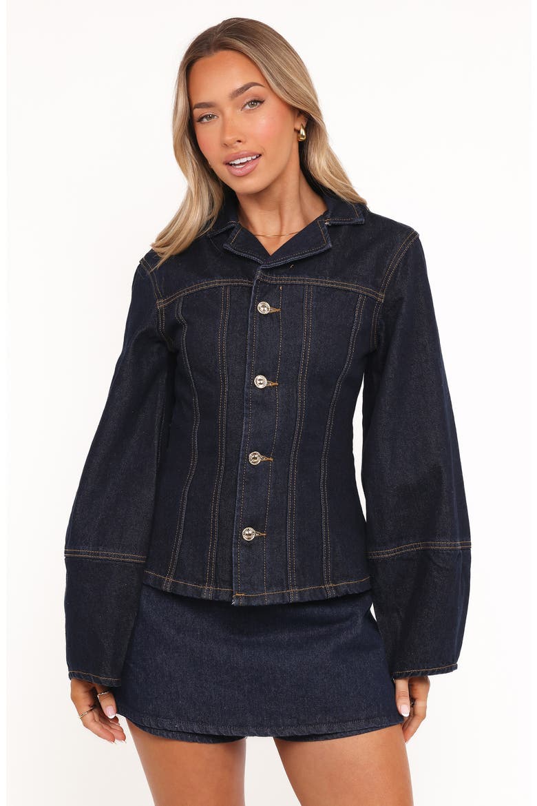 Luchia Topstitch Denim Jacket, Alternate, color, DARK INDIGO