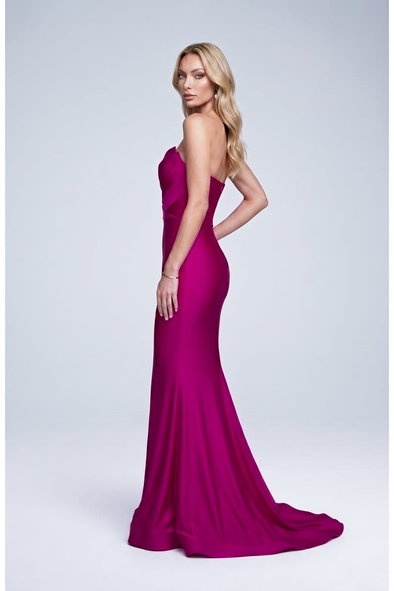 Strapless Layered Tulip Bodice Mermaid Evening Gown, Alternate, color, Magenta