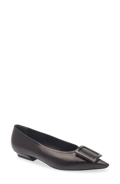 Covered Buckle Pointed Toe Leather Flat