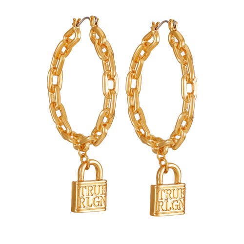 True Religion Frozen Chain Lock & Logo Hoop Earring In Gold