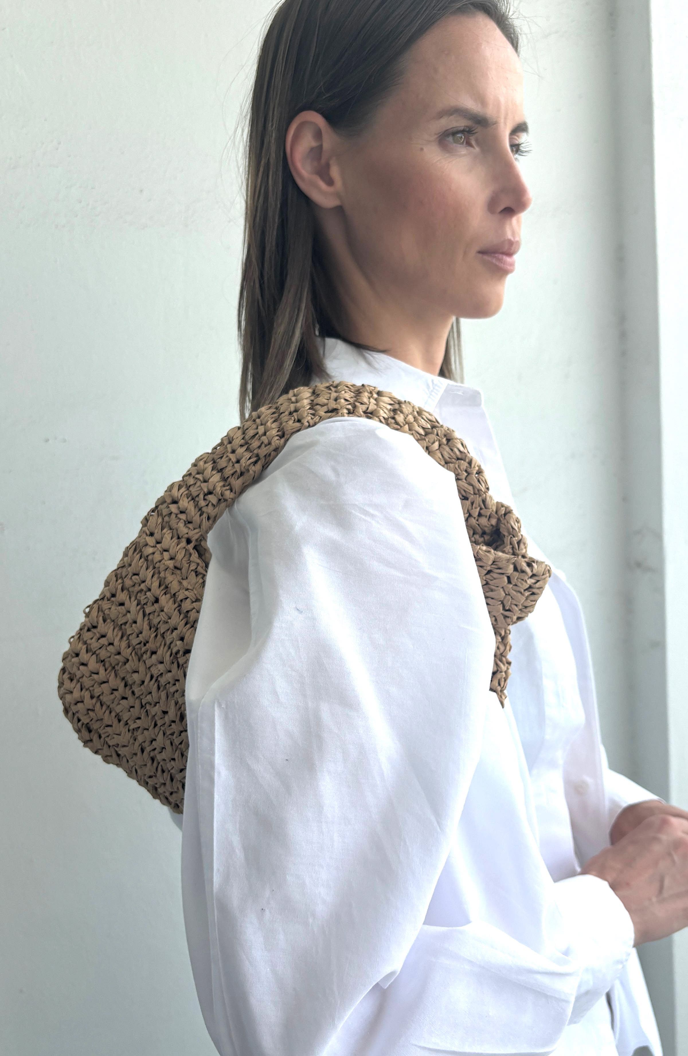 Adornia Raffia Knot Crescent Shoulder Bag, Alternate, color, Tan