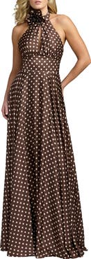 Mac Duggal Polka Dot A-Line Halter Gown With Rosette