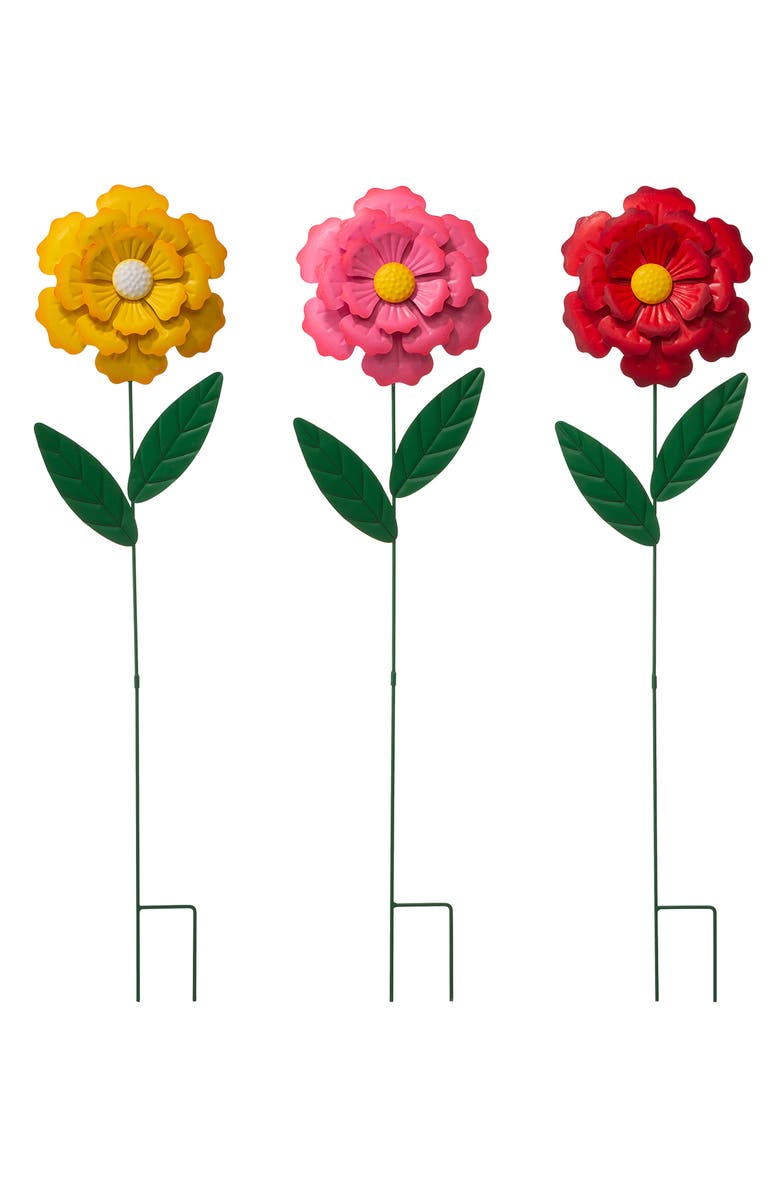 Glitzhome 39.5"H Set of 3 Metal Dimensional Flowers Yardstake, Main, color, Red