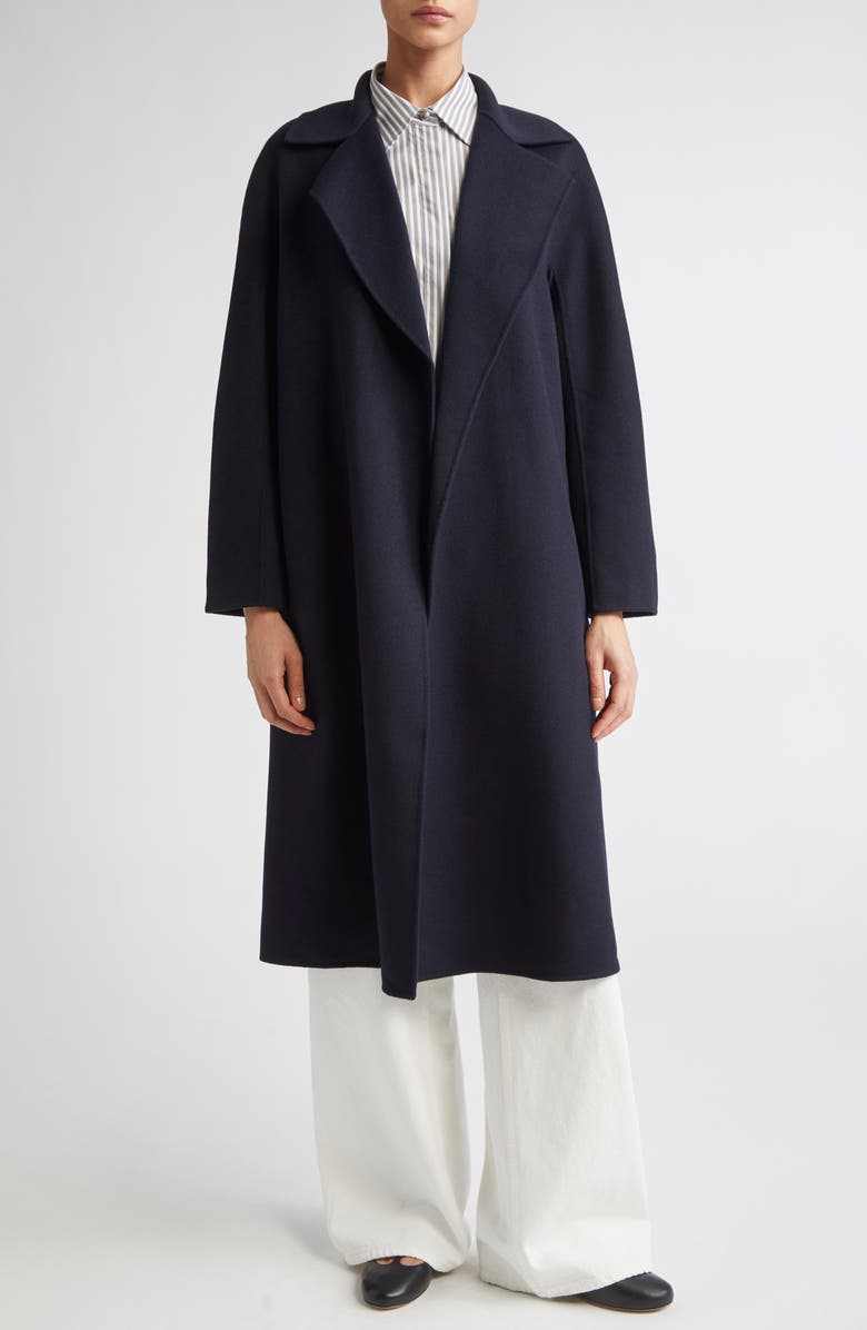 Max Mara Studio Cles Virgin Wool Blend Belted Coat, Alternate, color, Navy
