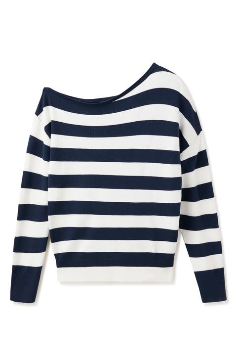 Asymmetrical Neckline Striped Sweater