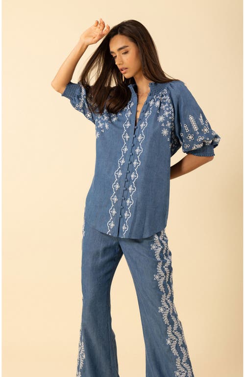 Hale Bob Fallon Embroidered Chambray Top In Blue