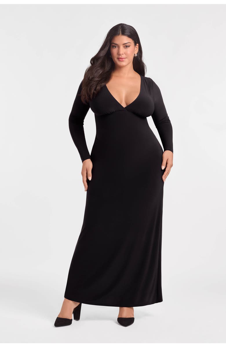 S3 Sculpting Shapewear Shirred V-Neck Long Sleeve Solid Maxi Dress, Alternate, color, Onyx Black