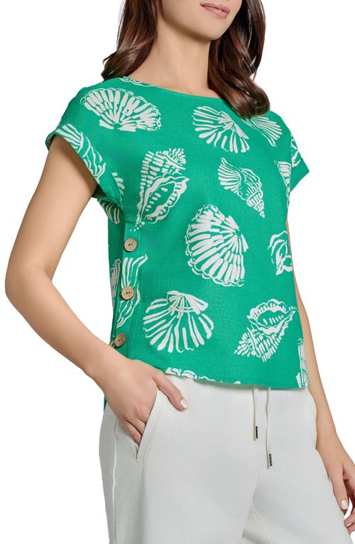 Jones New York Seashell Print Side Button Detail Linen Blend Top In Kelly Multi