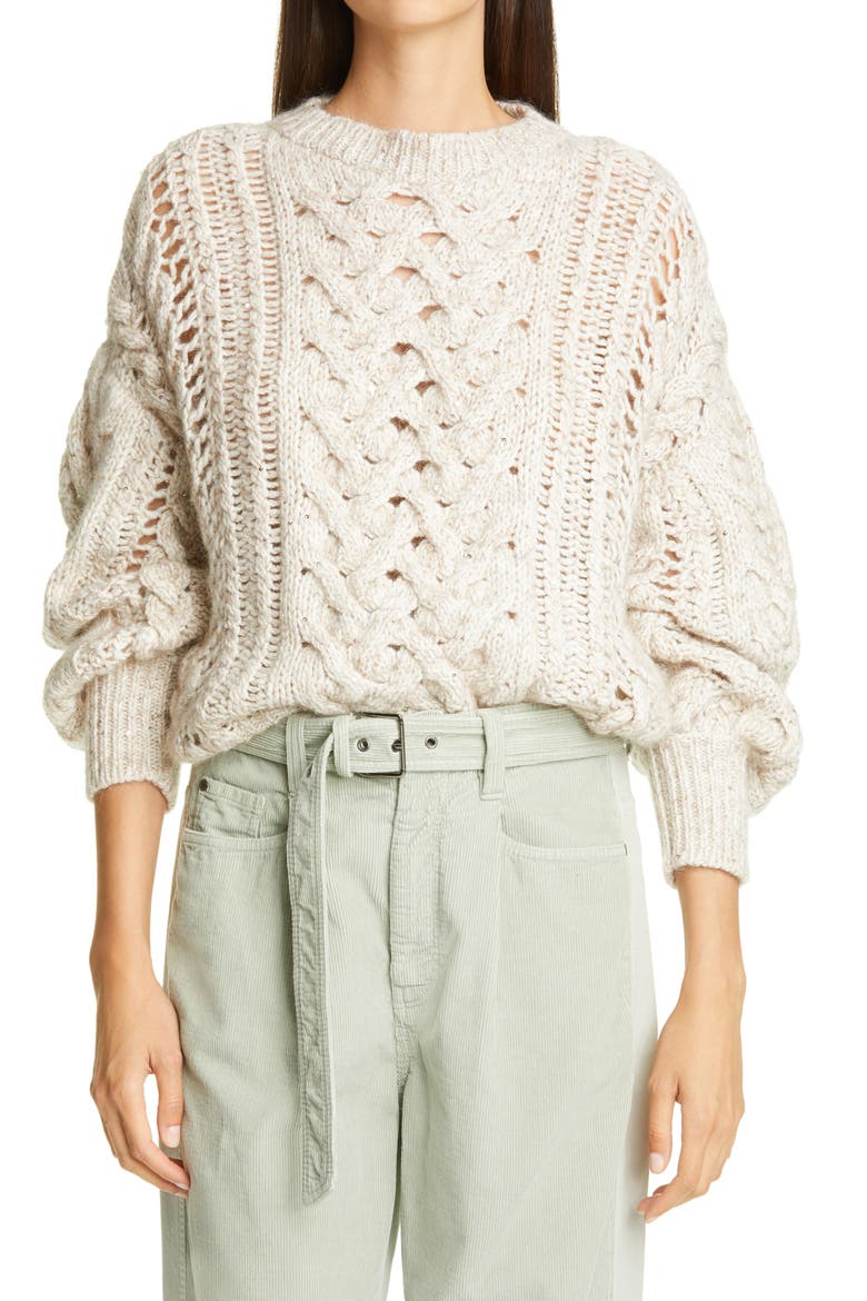 Embellished Cable Knit Cashmere Blend Sweater, Main, color, SAND