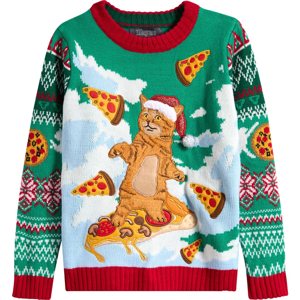33 Degrees Kids' Flying Pizza Cat Holiday Sweater In Multi