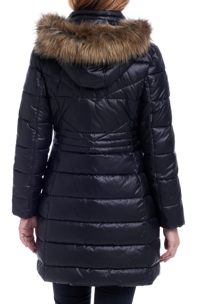Water Resistant Puffer Coat with Faux Fur Trim Removable Hood, Alternate, color, BLACK